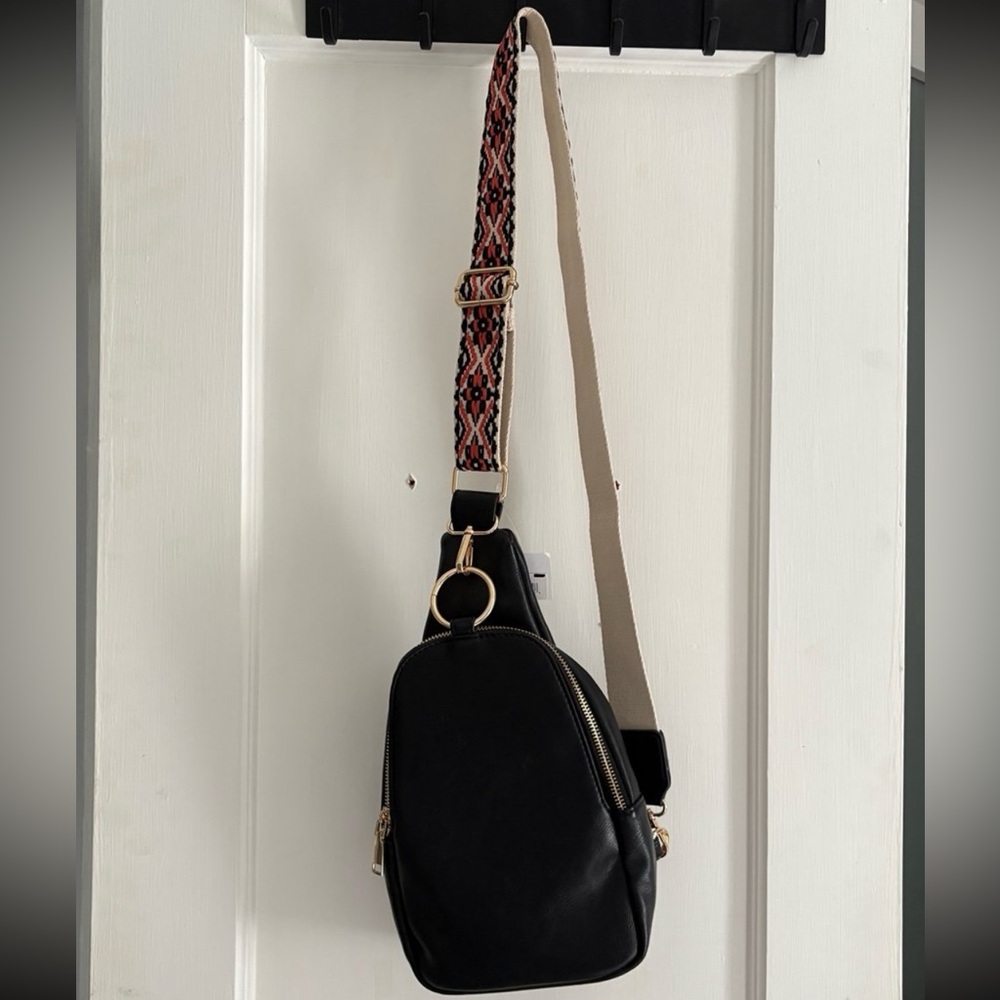 Black Crossbody Bag with Patterned Strap